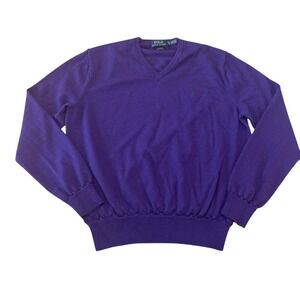 Polo Ralph Lauren Purple Custom Fit Wool V Neck Sweater Cozycore Classic XL‎